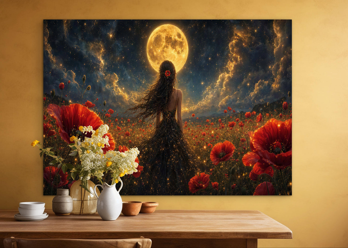 Framed Canvas - Vibrant Poppies Whimsical Full Moon Bride in Poppy Field, Wall Art Ready to hang Oil Painting Original Artwork Print Black Wedding Dress