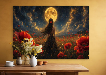 Framed Canvas - Vibrant Poppies Whimsical Full Moon Bride in Poppy Field, Wall Art Ready to hang Oil Painting Original Artwork Print Black Wedding Dress