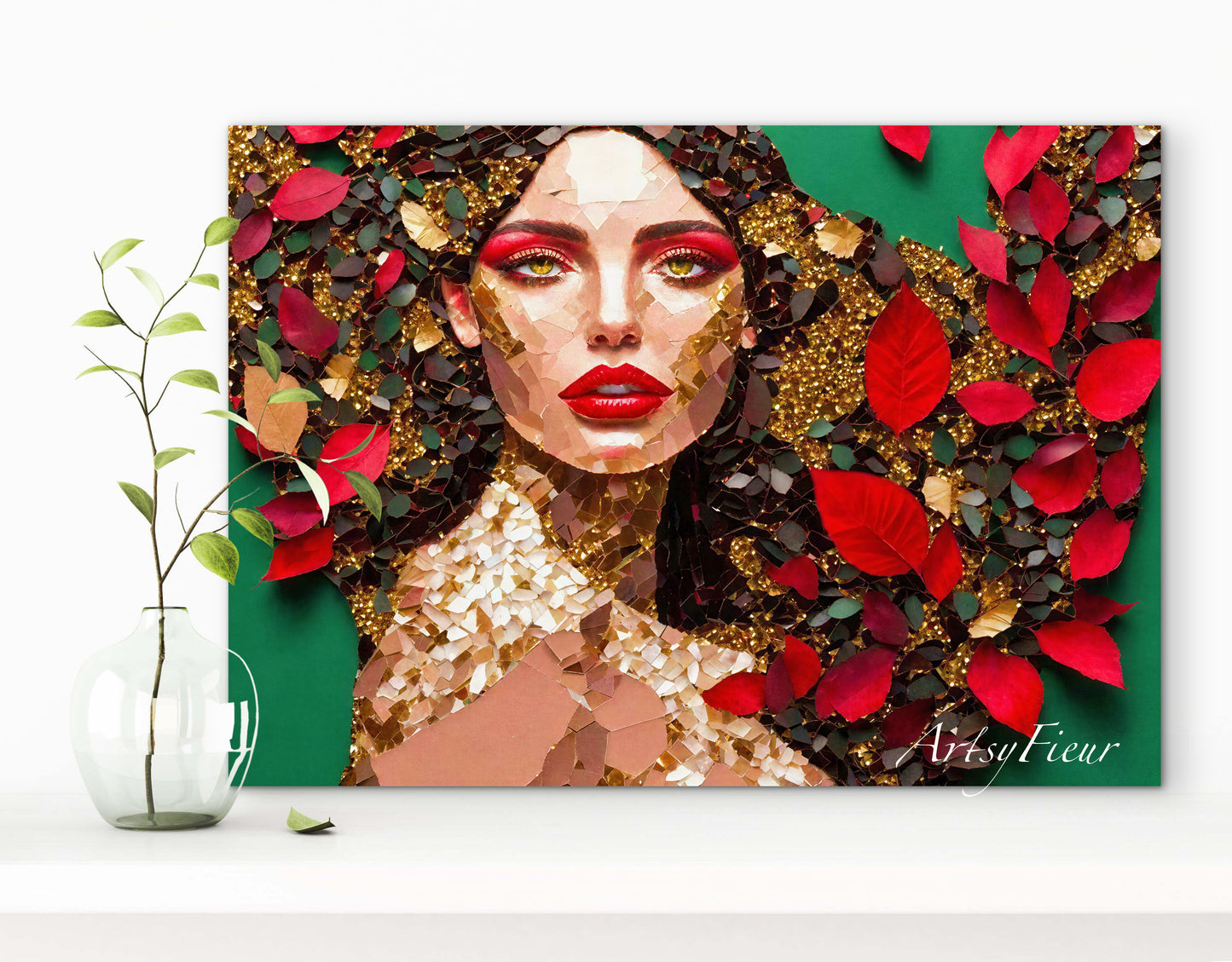 Framed Canvas- Vibrant Colours Beautiful Brunette Woman’s Abstract Portrait Mosaic Original Artwork Fantasy Wall Art Print