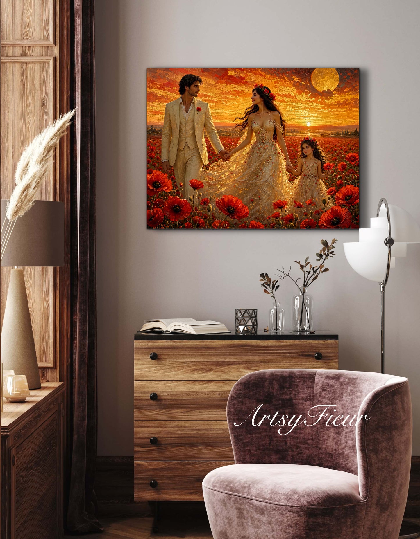 Framed Canvas Vibrant Poppies- Whimsical full moon fantasy oil painting Wedding celebration mother and daughter beautiful family portrait Original wall art print