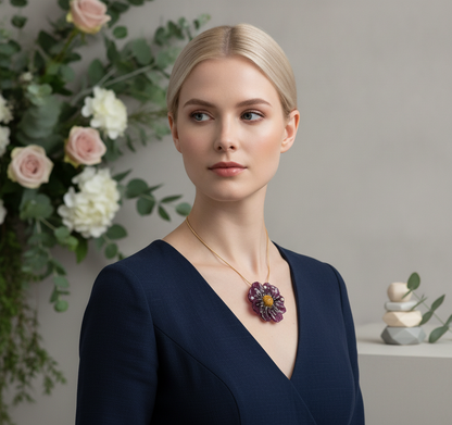 *REAL FLOWER Purple Dahlia Necklace | Preserved flower in resin | Floral pendant on chain | Hypoallergenic Gold Plated