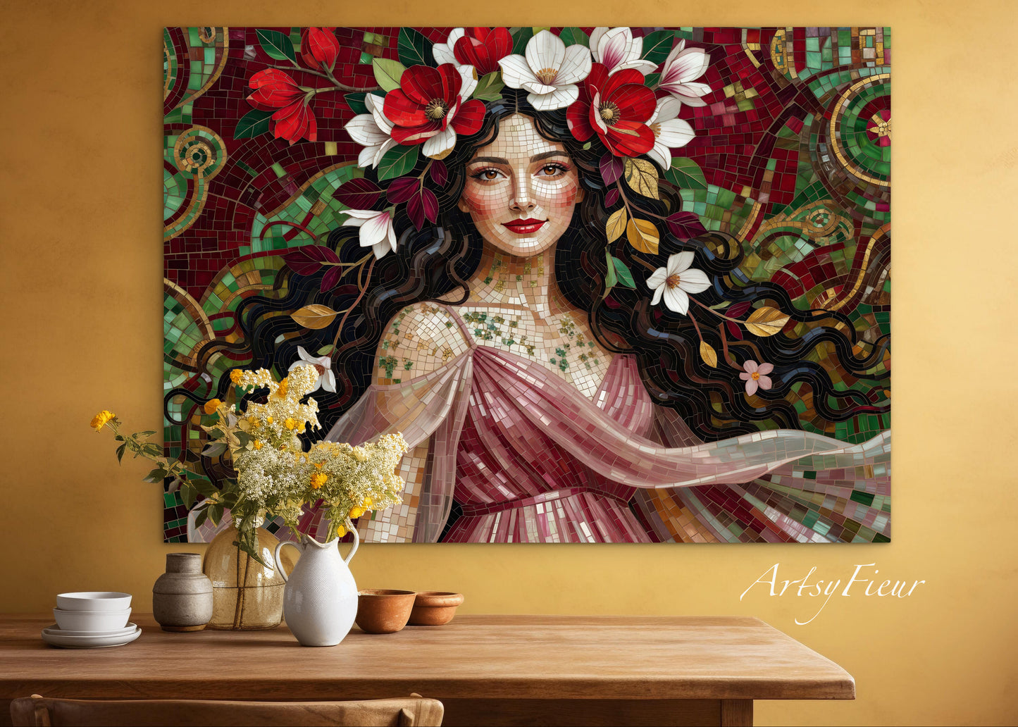 Framed Canvas- Vibrant Magnolia Flowers Beautiful Brunette Woman’s Abstract Portrait Mosaic Original Artwork Fantasy Wall Art Print Mother Nature