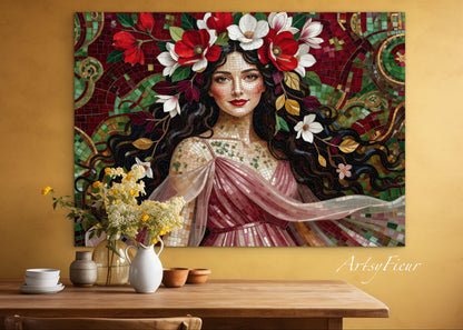 Framed Canvas- Vibrant Magnolia Flowers Beautiful Brunette Woman’s Abstract Portrait Mosaic Original Artwork Fantasy Wall Art Print Mother Nature