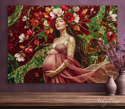 Framed Canvas- Vibrant Magnolia Flowers Beautiful Brunette Pregnant Woman’s Abstract Portrait Mosaic Original Artwork Fantasy Wall Art Print Mother Nature
