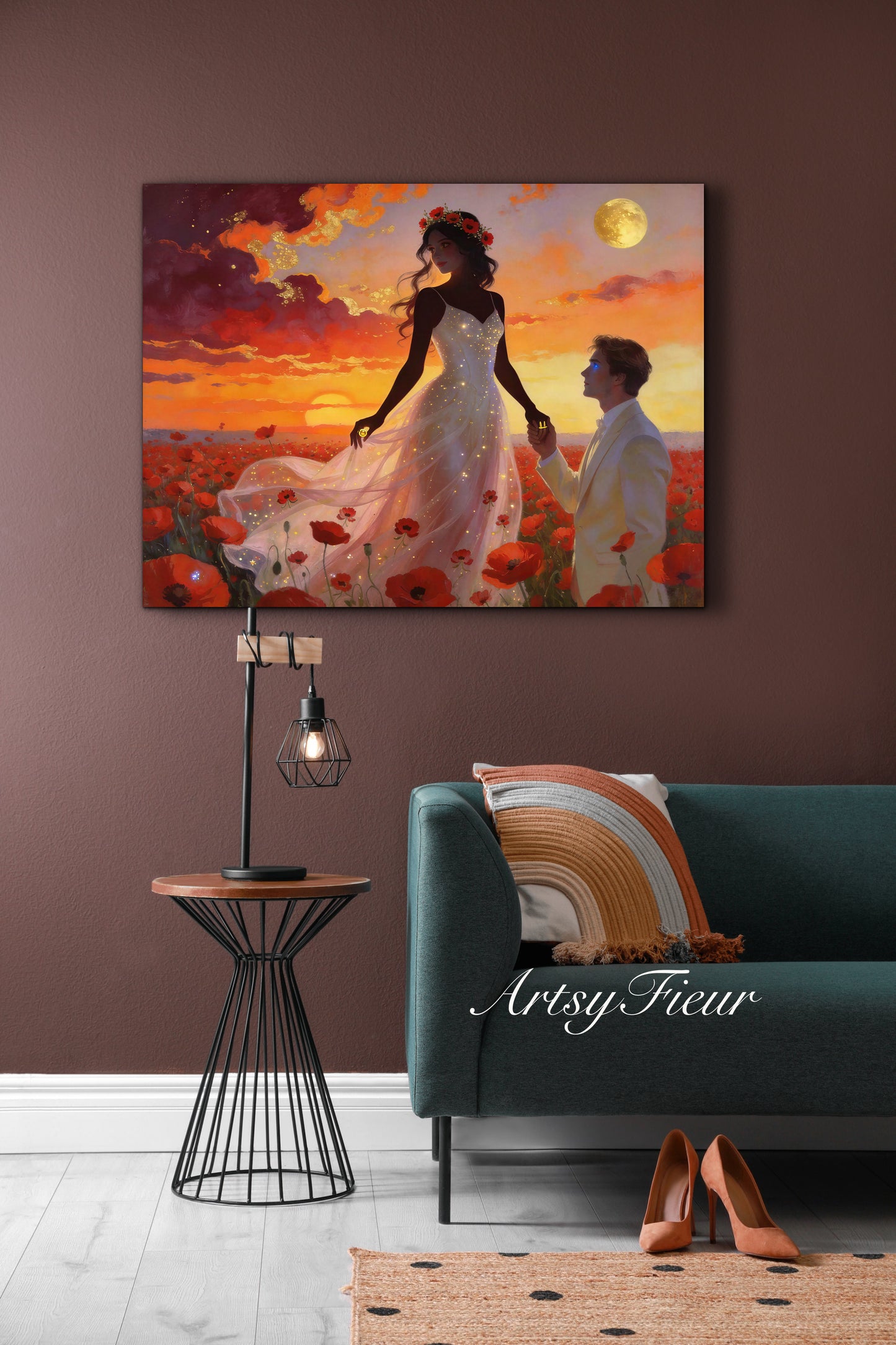 Framed canvas- whimsical full moon sunset bride and groom, wedding, poppy field, vibrant colours living room original artwork, fantasy watercolour paintingwall art print