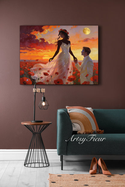 Framed canvas- whimsical full moon sunset bride and groom, wedding, poppy field, vibrant colours living room original artwork, fantasy watercolour paintingwall art print