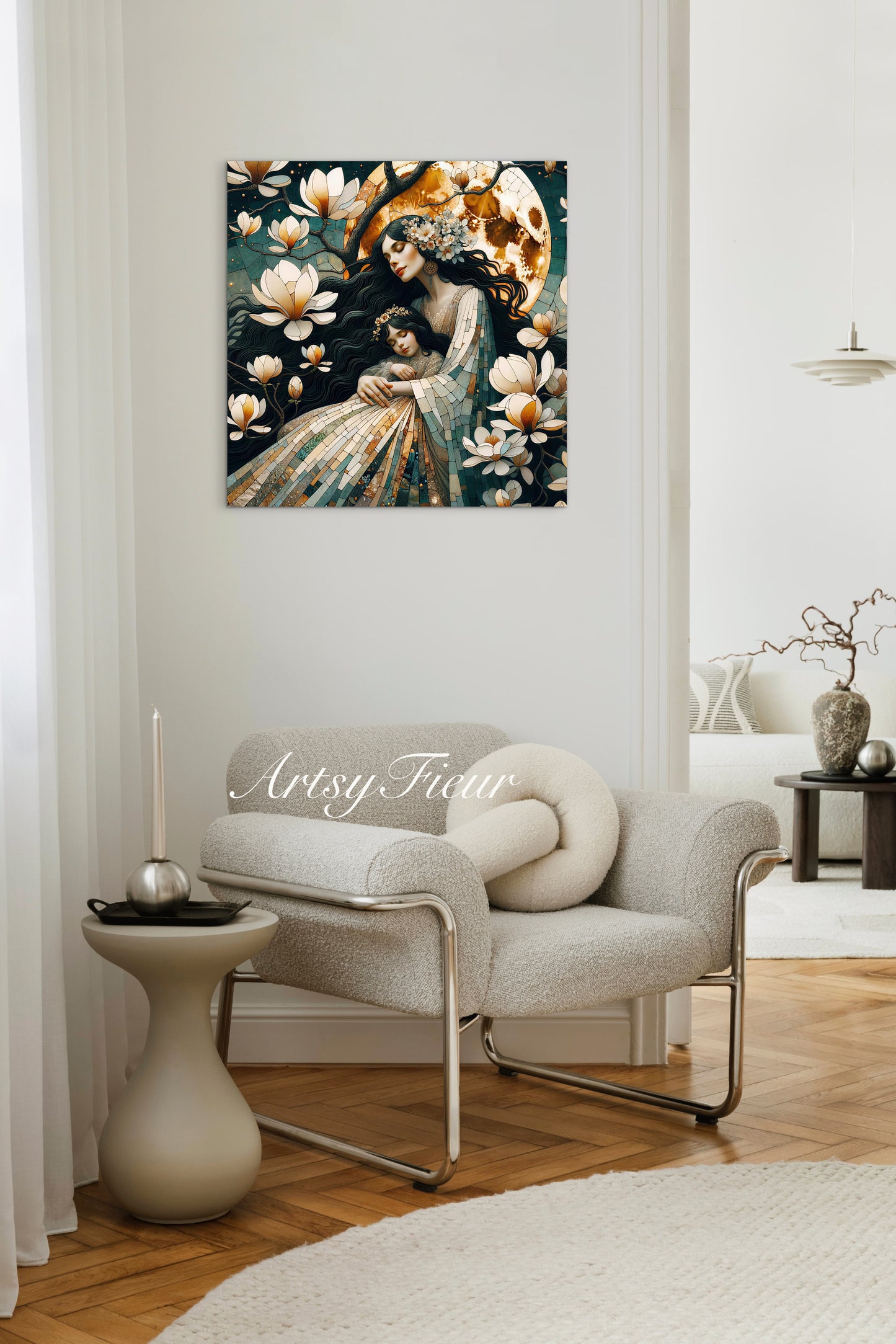 Framed canvas- ready to hang wall art print, abstract mother and daughter portrait Mosaic Magnolia Flowers Whimsical Full Moon