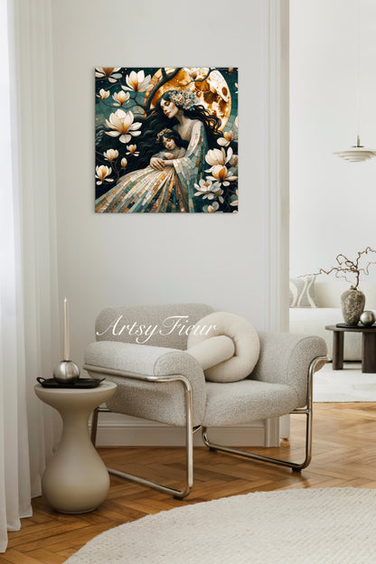 Framed canvas- ready to hang wall art print, abstract mother and daughter portrait Mosaic Magnolia Flowers Whimsical Full Moon