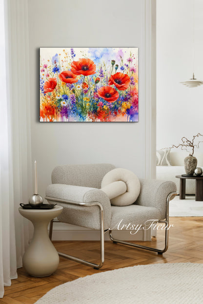 Framed canvas- ready to hand wall art print, beautiful vibrant colours watercolour fantasy painting poppy wildflowers ,floral landscape, unique gift, one of a kind original artwork