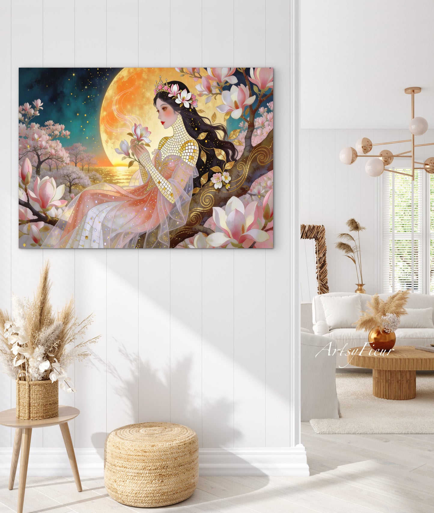 Framed Canvas- Vibrant Magnolia Flowers Beautiful Brunette Woman’s Abstract Portrait Mosaic Original Artwork Fantasy Wall Art Print