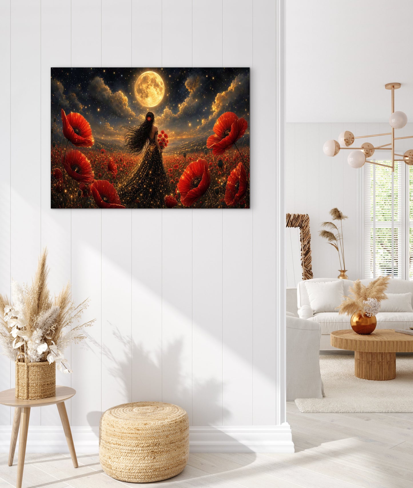 Framed Canvas - Vibrant Poppies Whimsical Full Moon Bride in Poppy Field, Wall Art Ready to hang Oil Painting Original Artwork Print Black Wedding Dress
