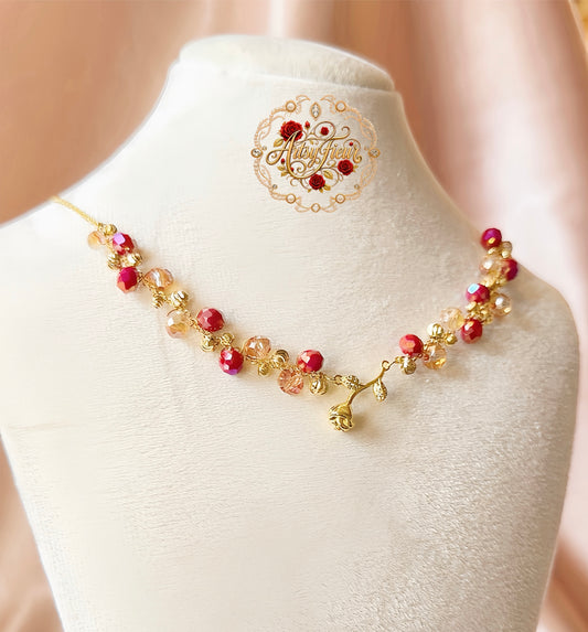 Mini Gold Rose Necklace Flower Pendant Handmade Braided Crystal Red Gold Beaded S925 Sterling Silver Hypoallergenic Floral Bohemian