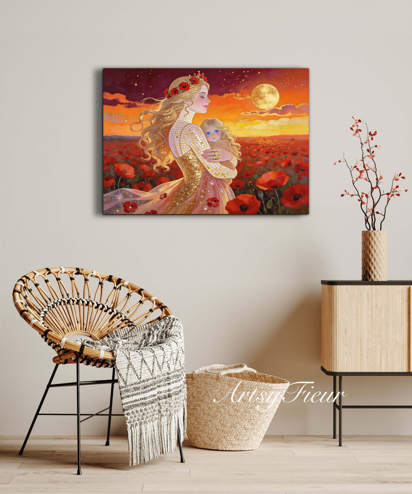 Framed Canvas- Vibrant Poppies Field Mother and Daughter Portrait Whimsical Full Moon Sunset Fantasy Oil Painting Wall Art Print