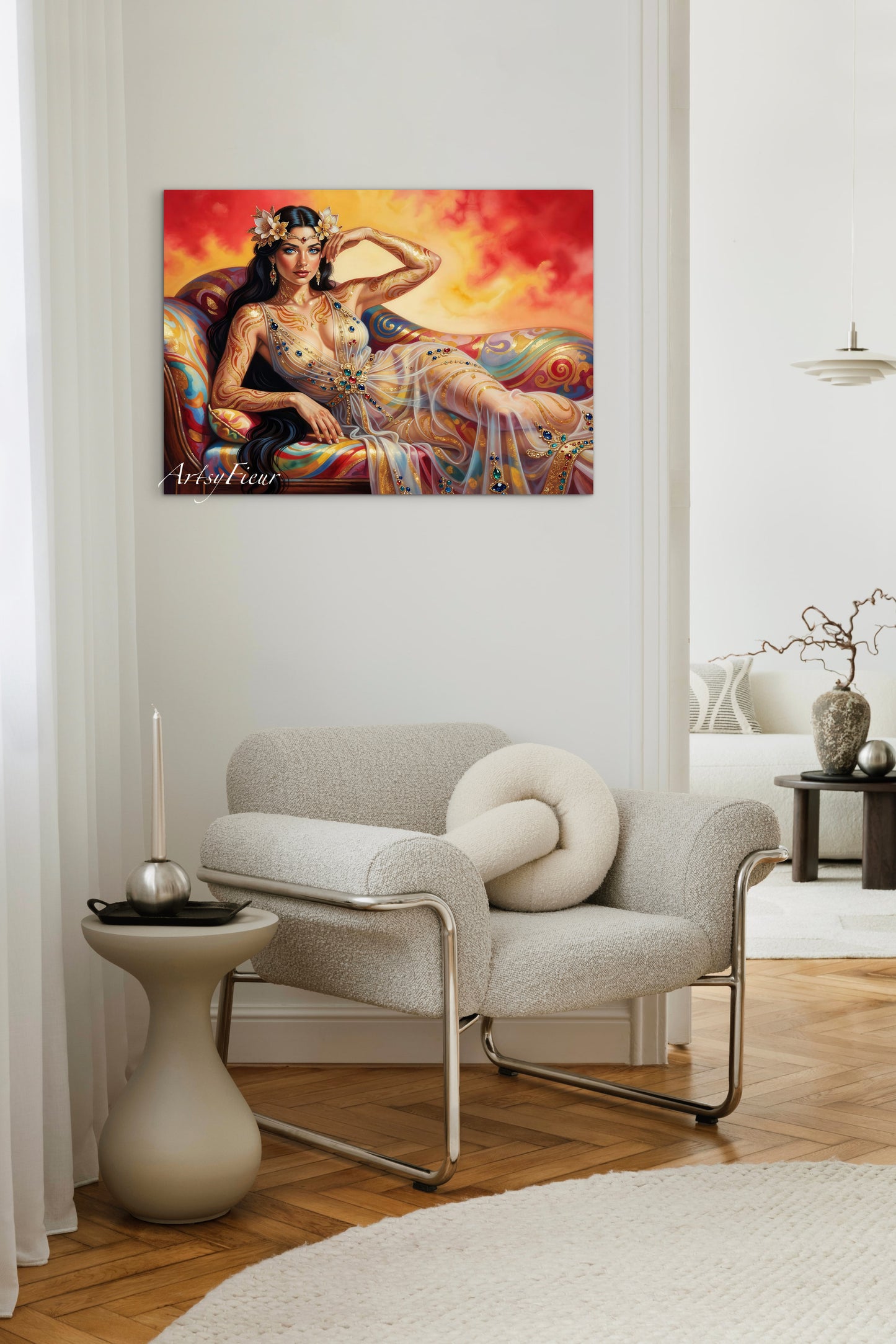 Framed canvas Beautiful Brunette on colourful sofa vibrant wall art abstract portrait, vibrant colours fantasy watercolour painting Ready to Hang Living Room Wall Art Print