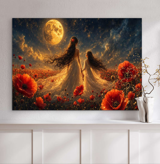 Framed Canvas- Vibrant Poppies Field Bride Mother and Daughter Portrait Whimsical Full Moon Sunset Fantasy Oil Painting Wall Art Print