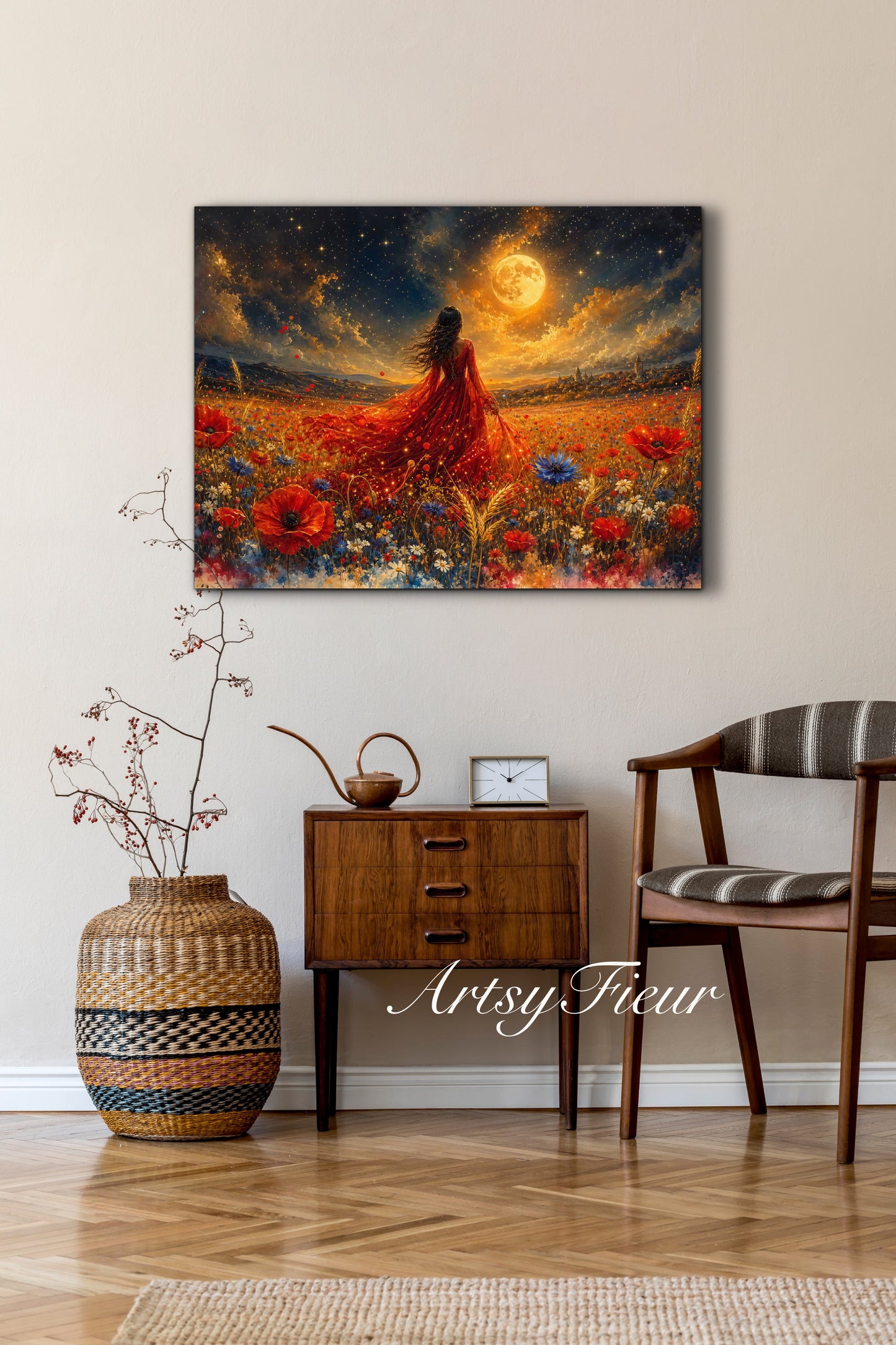 Framed Canvas - Vibrant poppies and wildflowers Whimsical Full Moon starry night sky Bride in Poppy Field, Wall Art Ready to hang original Artwork Print Red Dress