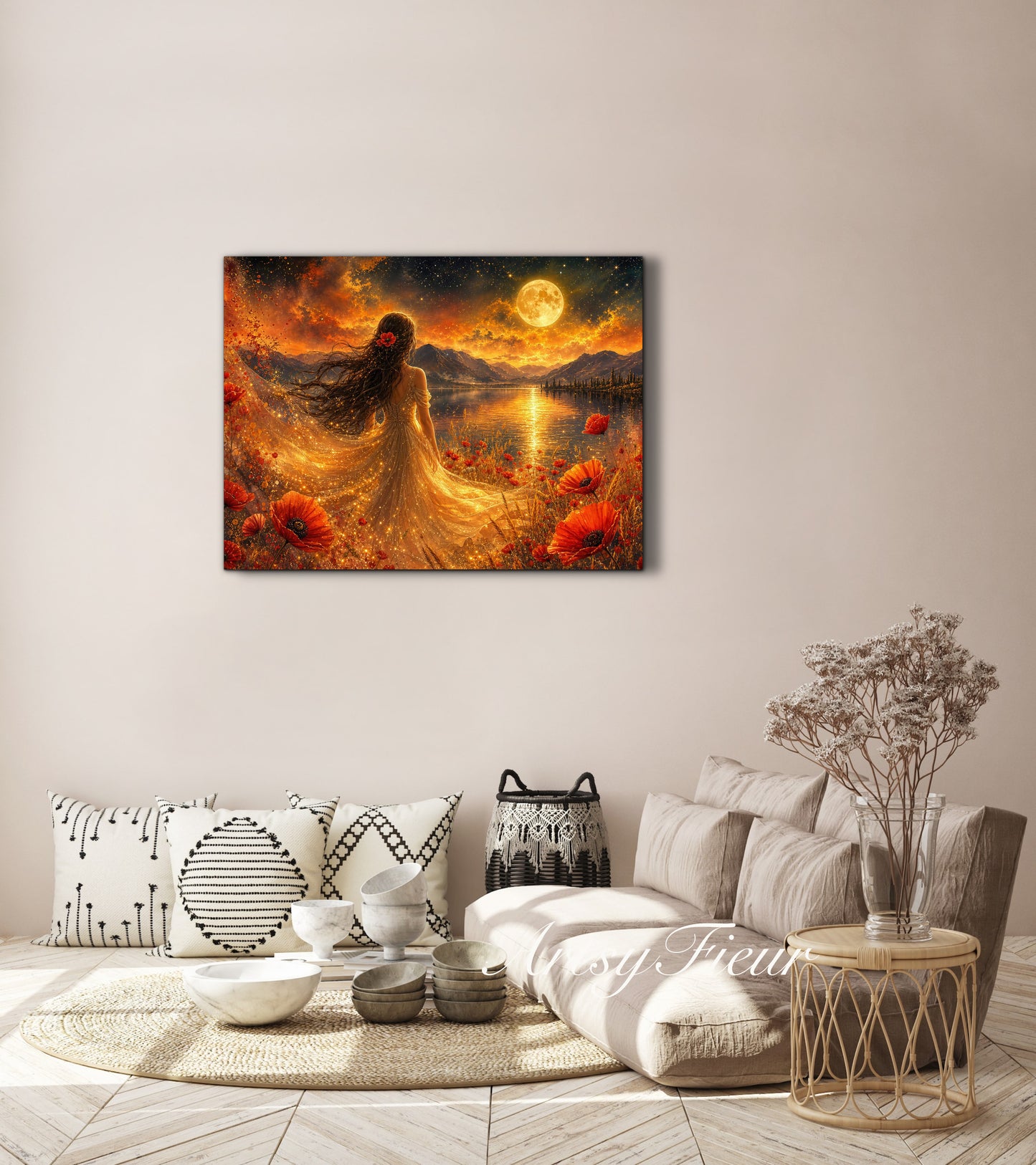 Framed Canvas - Vibrant poppies and wildflowers Whimsical Full Moon starry night sky Bride -Lady by the lake Wall Art Ready to hang original Artwork Print
