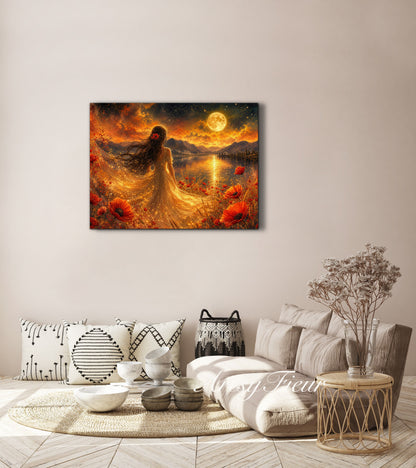 Framed Canvas - Vibrant poppies and wildflowers Whimsical Full Moon starry night sky Bride -Lady by the lake Wall Art Ready to hang original Artwork Print