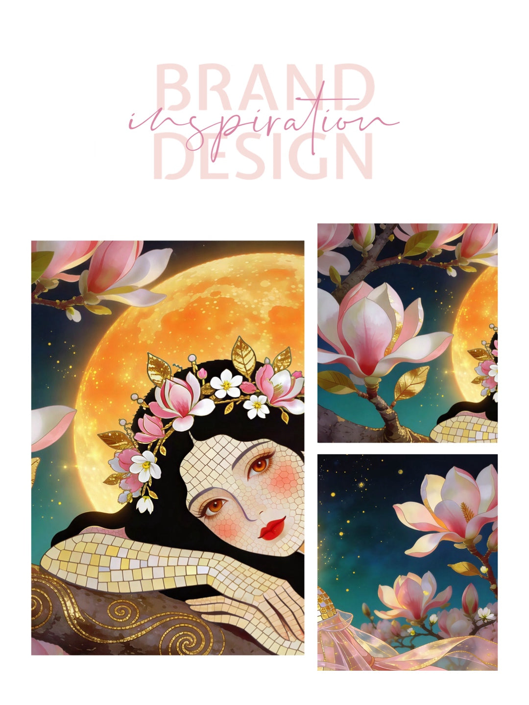 Framed Canvas- Vibrant Magnolia Flowers Beautiful Brunette Woman’s Abstract Portrait Mosaic Original Artwork Fantasy Wall Art Print