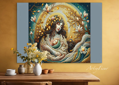 Framed Canvas- Vibrant Magnolia Flowers Mother and Daughter Portrait Original ArtworkFantasy Wall Art