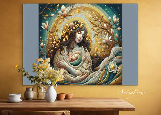 Framed Canvas- Vibrant Magnolia Flowers Mother and Daughter Portrait Original ArtworkFantasy Wall Art