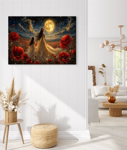 Framed Canvas- Vibrant Poppies Field Bride Mother and Daughter Portrait Whimsical Full Moon Sunset Fantasy Oil Painting Wall Art Print