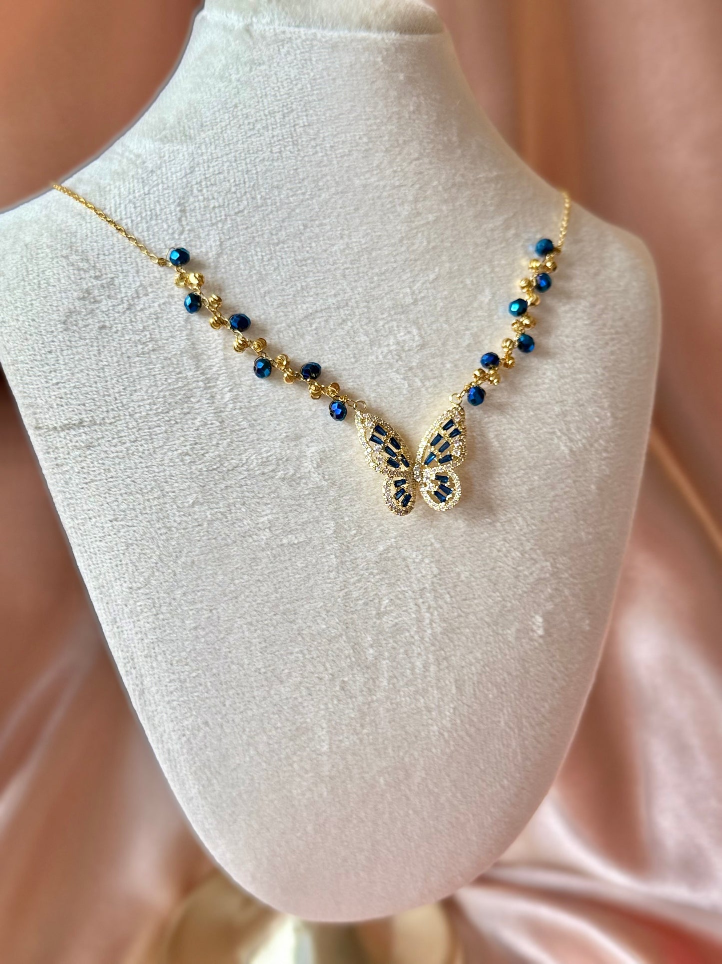 Blue Butterfly Necklace Handmade Braided Beaded Necklace | Deep Blue Crystal |18k Gold Plated | Hypoallergenic
