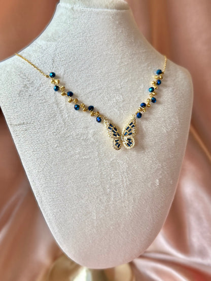 Blue Butterfly Necklace Handmade Braided Beaded Necklace | Deep Blue Crystal |18k Gold Plated | Hypoallergenic