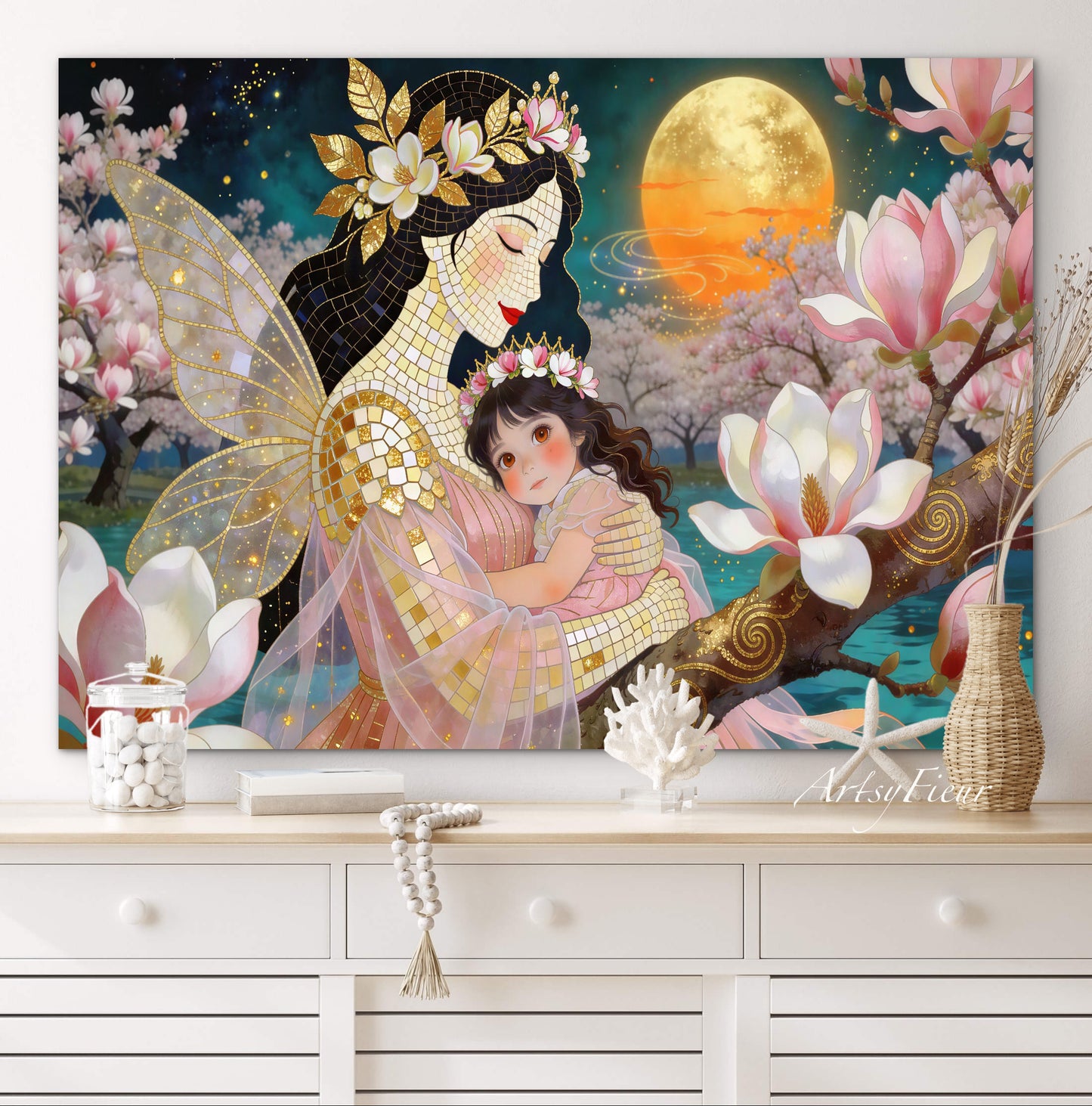 Framed Canvas- Vibrant Magnolia Flowers Mother and Daughter Portrait Original ArtworkFantasy Wall Art