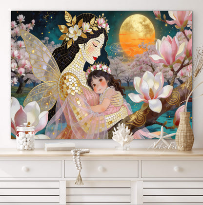 Framed Canvas- Vibrant Magnolia Flowers Mother and Daughter Portrait Original ArtworkFantasy Wall Art