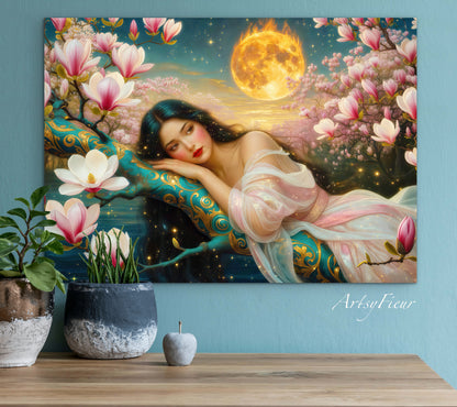 Framed Canvas- Vibrant Magnolia Flowers Beautiful Brunette Woman’s Abstract Portrait Original Artwork Fantasy Wall Art Print