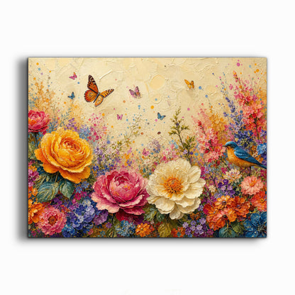 Framed Canvas Print- Vibrant Wildflowers and Petunias Oil Painting Textured Wall Art , Beautiful Original Artwork Ready to Hang Living Room, Floral