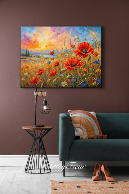 Framed Canvas Print- Vibrant Wildflowers and Poppies Oil Painting Textured Wall Art , Beautiful Original Artwork Ready to Hang Living Room, Floral