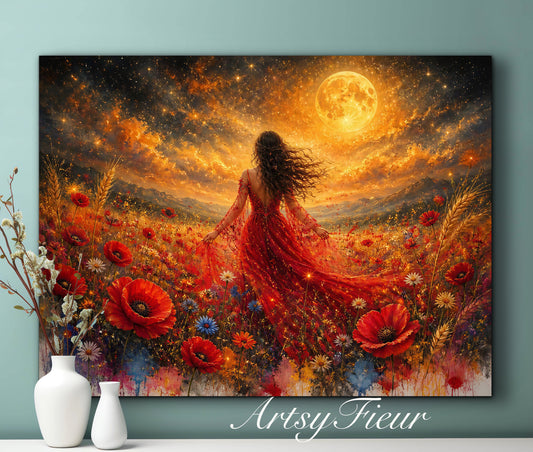 Framed Canvas - Vibrant poppies and wildflowers Whimsical Full Moon starry night sky Bride in Poppy Field, Wall Art Ready to hang original Artwork Print Red Dress