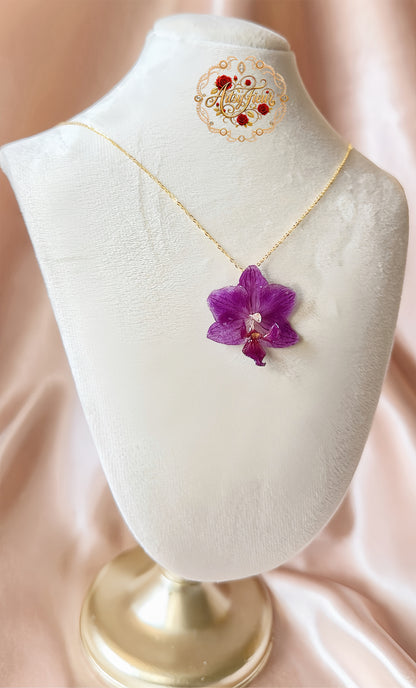 *REAL FLOWER Orchid Necklace Preserved Mini Purple Orchid in Resin 3D Flower Pendant Solid Sterling Silver Chain S925 Hypoallergenic
