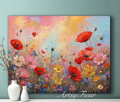 Framed canvas- ready to hand wall art print, beautiful vibrant colours watercolour fantasy painting wildflowers poppies floral landscape, unique gift, one of a kind original artwork
