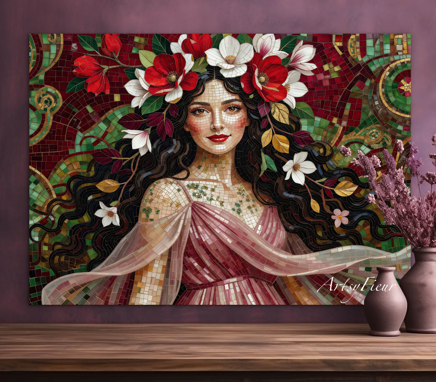 Framed Canvas- Vibrant Magnolia Flowers Beautiful Brunette Woman’s Abstract Portrait Mosaic Original Artwork Fantasy Wall Art Print Mother Nature