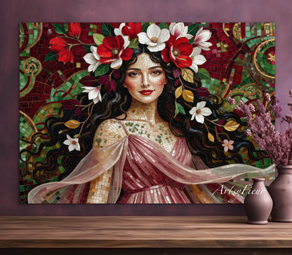 Framed Canvas- Vibrant Magnolia Flowers Beautiful Brunette Woman’s Abstract Portrait Mosaic Original Artwork Fantasy Wall Art Print Mother Nature