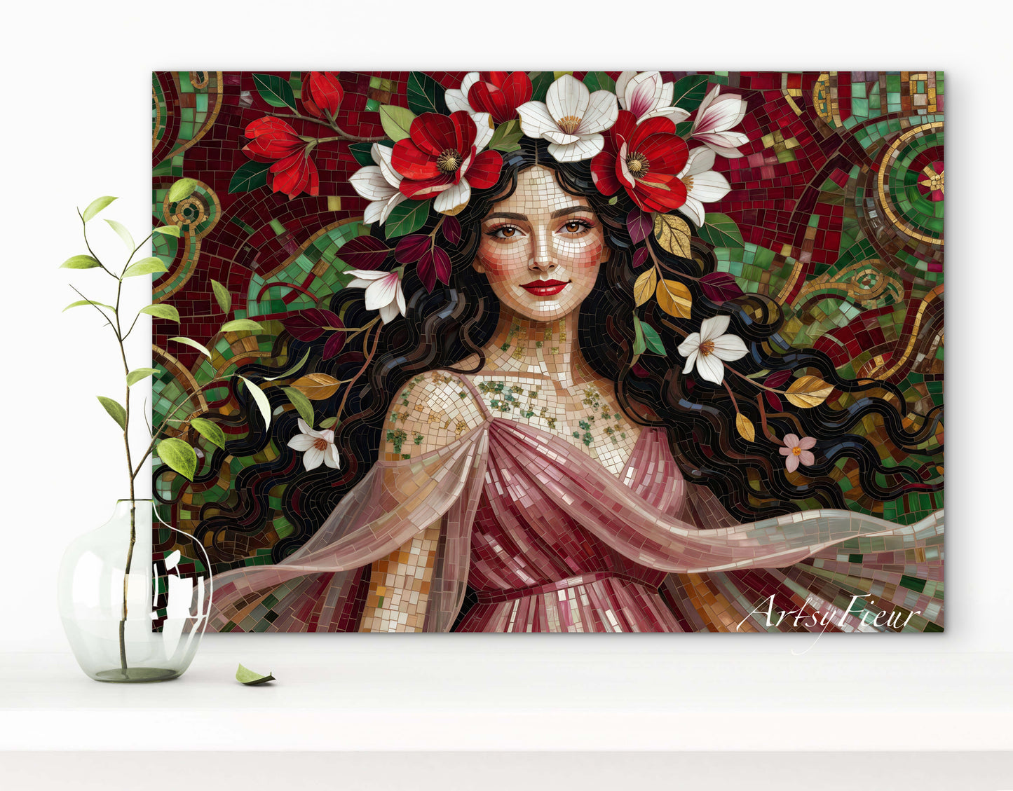 Framed Canvas- Vibrant Magnolia Flowers Beautiful Brunette Woman’s Abstract Portrait Mosaic Original Artwork Fantasy Wall Art Print Mother Nature