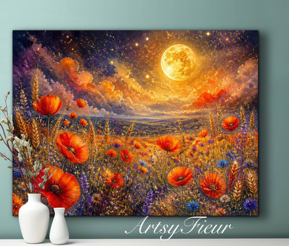 Framed Canvas Print- Vibrant Wildflowers and Poppies Oil Painting Textured Wall Art , Beautiful Original Artwork Ready to Hang Living Room, Floral