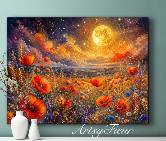 Framed Canvas Print- Vibrant Wildflowers and Poppies Oil Painting Textured Wall Art , Beautiful Original Artwork Ready to Hang Living Room, Floral