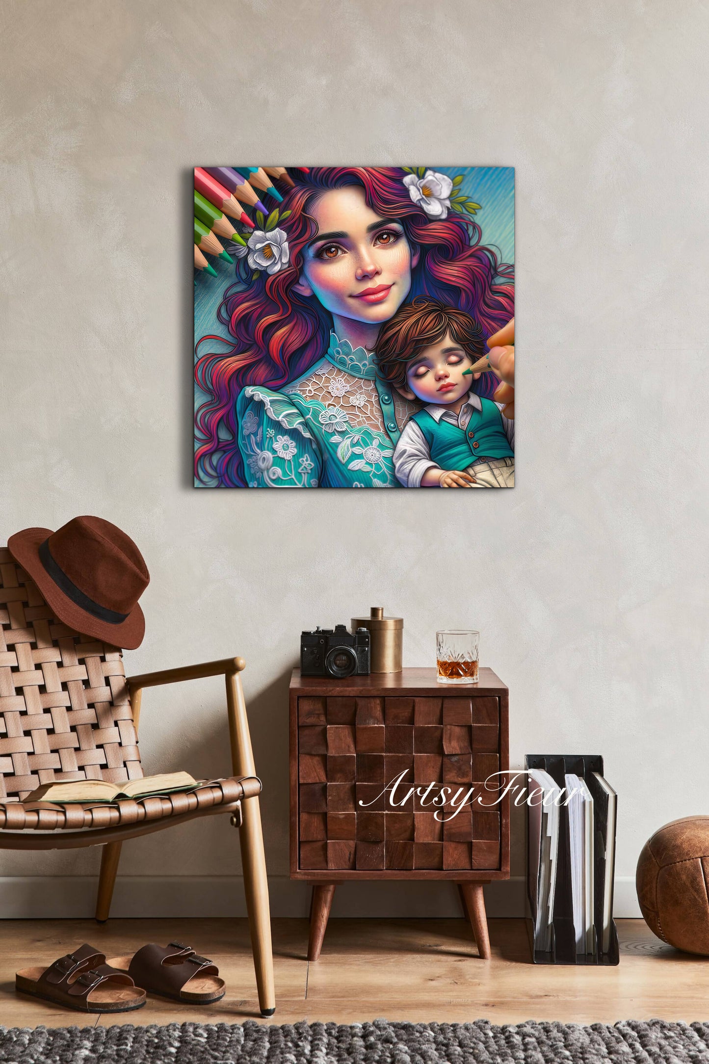 Framed canvas- ready to hang wall art print, colourful drawing abstract portrait mother and son vibrant colours, dark hair brunette beautiful woman , mum and baby boy, motherhood, mothers day gift, unique original artwork