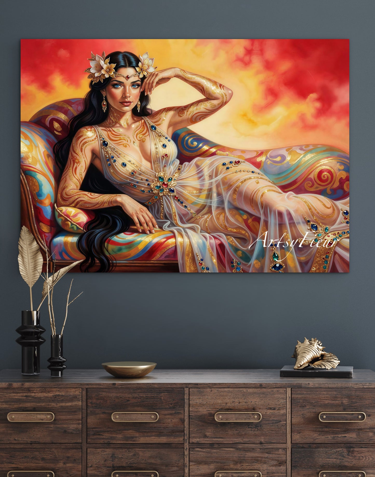 Framed canvas Beautiful Brunette on colourful sofa vibrant wall art abstract portrait, vibrant colours fantasy watercolour painting Ready to Hang Living Room Wall Art Print