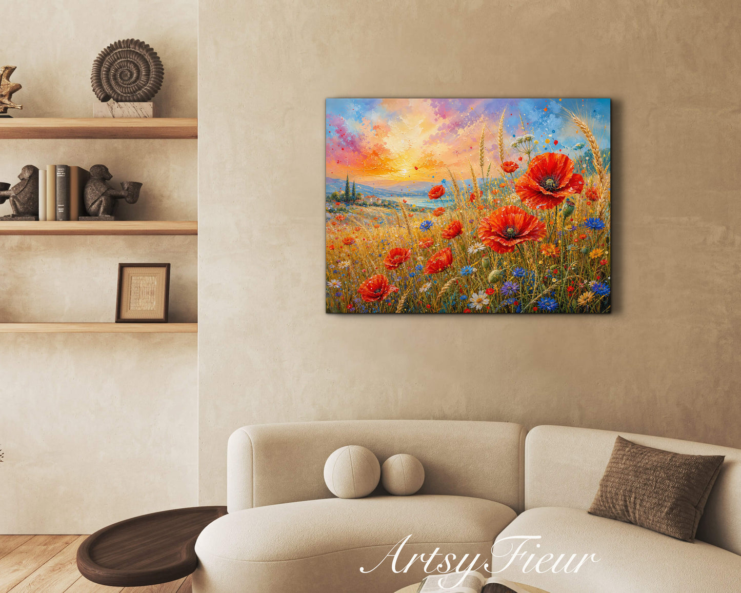 Framed Canvas Print- Vibrant Wildflowers and Poppies Oil Painting Textured Wall Art , Beautiful Original Artwork Ready to Hang Living Room, Floral