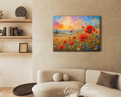 Framed Canvas Print- Vibrant Wildflowers and Poppies Oil Painting Textured Wall Art , Beautiful Original Artwork Ready to Hang Living Room, Floral