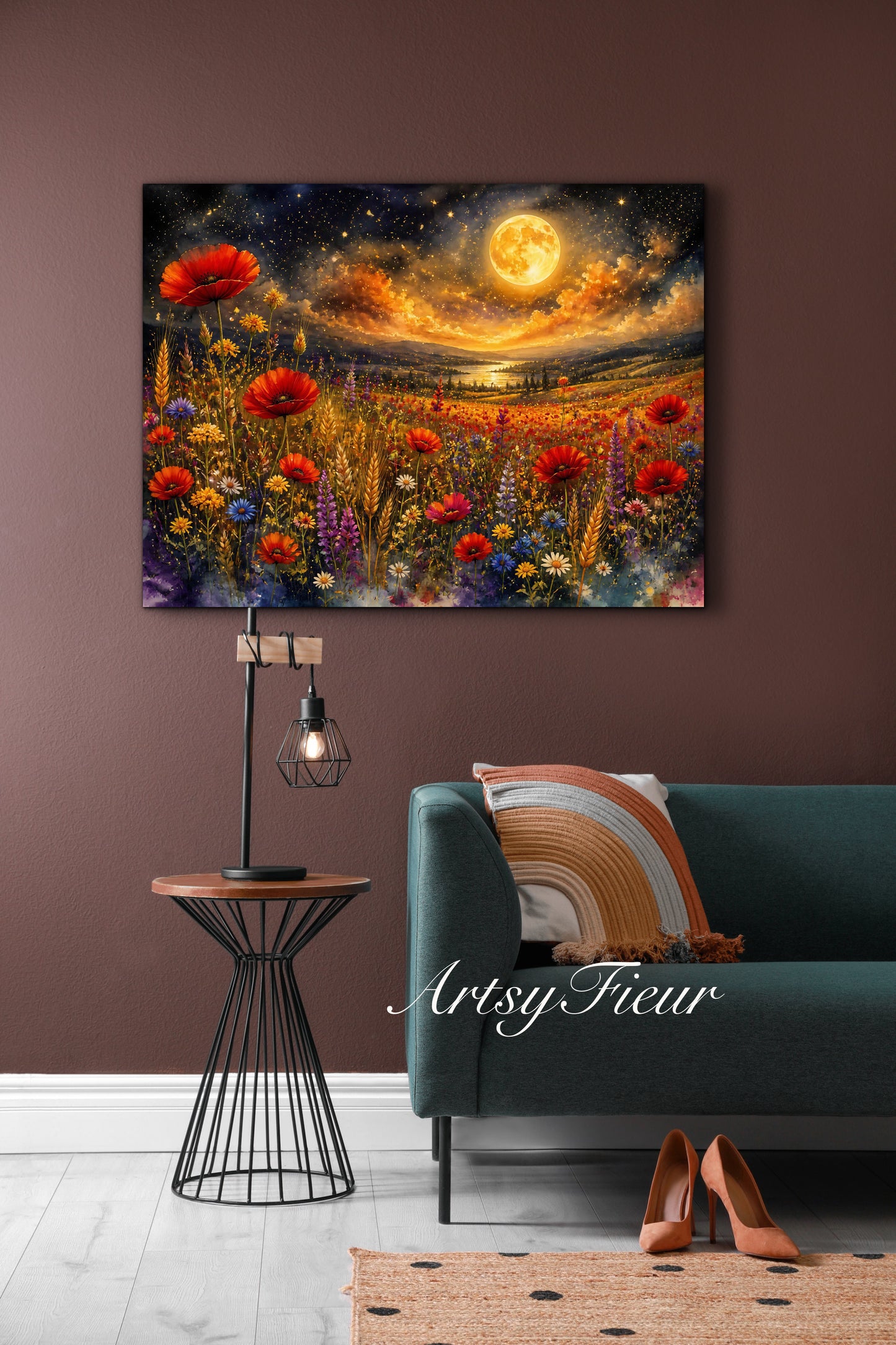 Framed Canvas Print- Vibrant Wildflowers and Poppies Oil Painting Textured Wall Art , Beautiful Original Artwork Ready to Hang Living Room, Floral