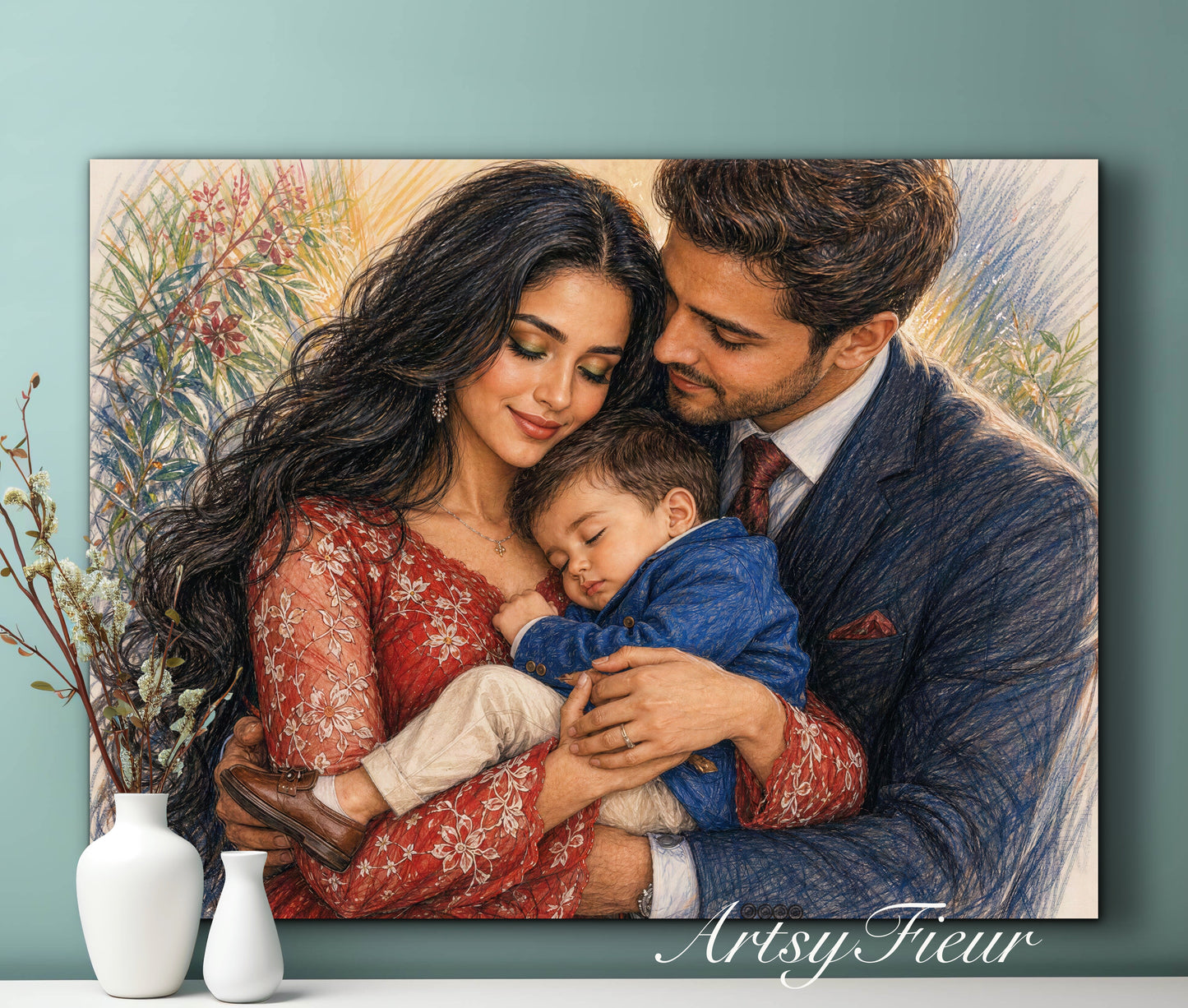 Framed Canvas- Vibrant Mother and Son Dad Family Portrait Fantasy Drawing Wall Art Print