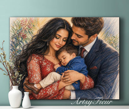 Framed Canvas- Vibrant Mother and Son Dad Family Portrait Fantasy Drawing Wall Art Print