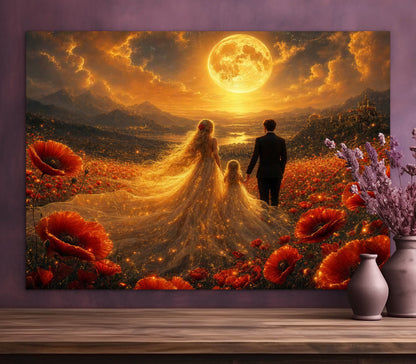 Framed Canvas Vibrant Poppies- Whimsical full moon fantasy oil painting Wedding celebration mother and daughter beautiful family portrait Original wall art print