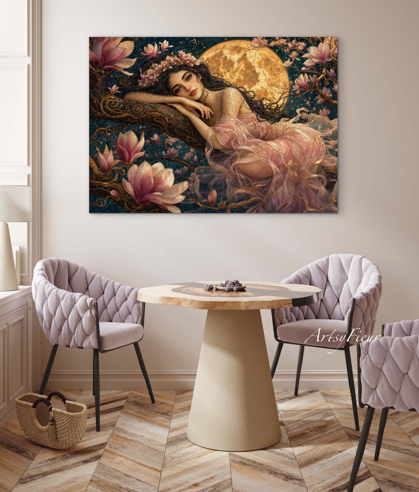 Framed Canvas- Vibrant Magnolia Flowers Beautiful Tinkerbell Woman’s Abstract Portrait Mosaic Original Artwork Fantasy Wall Art Print